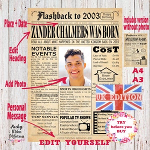EDITABLE 2003 Birthday Newspaper Front page Poster A4 and A3 - UK British Last Minute Birthday Gift Edit and Print Yourself.