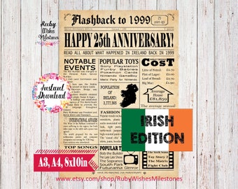 25th Anniversary 1999 Irish Newspaper Front Page Printable Poster Major News Events Fun Facts. Married in Ireland. Instant Download