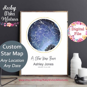Star Map Constellation Night Sky: Custom Celestial Watercolour Art for Your Special Date and Location
