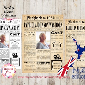 Celebrate your 70th birthday in New Zealand with a personalised 1954 newspaper poster, capturing major events from Kiwi history! Featuring major events cost of living and even a photo option.