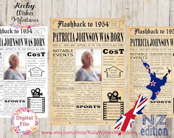 Personalised 70th Birthday 1954 Kiwi Newspaper Front Page Printable Poster. Born in New Zealand. Custom add photo. Major news events facts