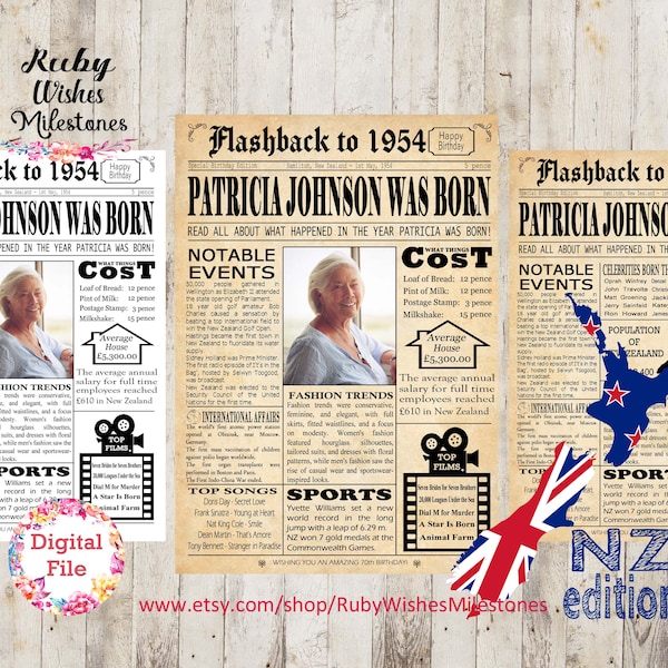 Personalised 70th Birthday 1954 Kiwi Newspaper Front Page Printable Poster. Born in New Zealand. Custom add photo. Major news events facts