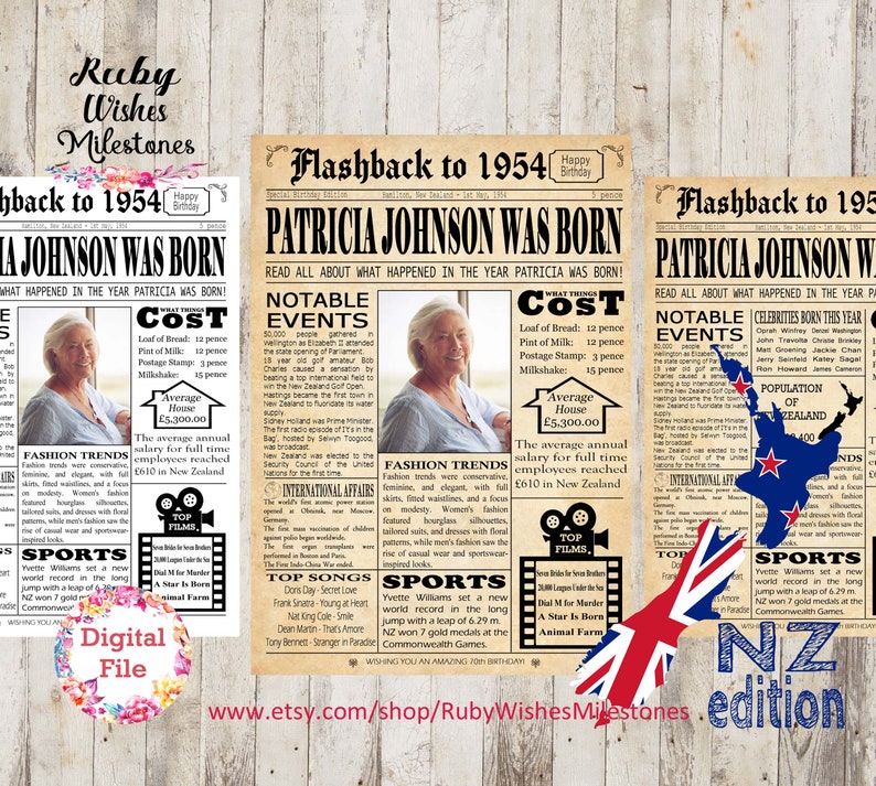 Celebrate your 70th birthday in New Zealand with a personalised 1954 newspaper poster, capturing major events from Kiwi history! Featuring major events cost of living and even a photo option.