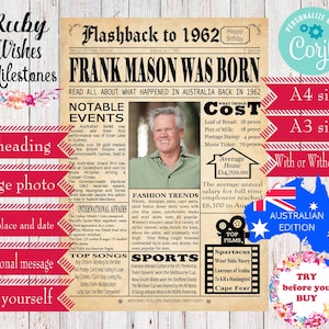 EDITABLE Birthday 1962 Newspaper Major Events Back in the Day Printable- Australian