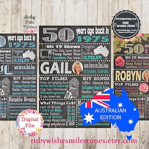 Personalised 50th Birthday 1975 Australian Chalkboard Printable fun facts and major events. Born in Australia. Option to add a photo.
