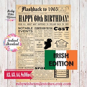 Instant Download 60th Birthday 1965 Irish Newspaper Printable Front Page Poster with Major Events in Ireland Irish Last Minute Birthday Gift