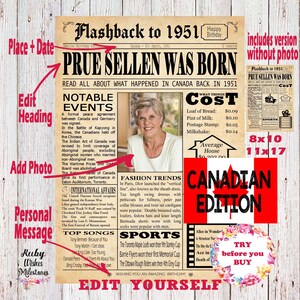 May include: A vintage-style newspaper design featuring a red, white, and blue Canadian flag. The headline reads "Flashback to 1951 PRUE SELLEN WAS BORN". The newspaper includes notable events, fashion trends, and sports highlights from 1951. The text "Canadian Edition" is printed in bold red letters. The image includes a space to add a photo and a personal message.