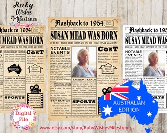 Personalised 70th Birthday 1954 Australian Newspaper Front Page Printable Poster. Born in Australia. Major news events. Customise Add Photo