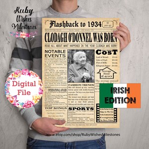 Looking for a unique gift to celebrate 90 years of life in Ireland? This personalised newspaper printable with an aged background and black and white photo from 1934 is sure to impress.