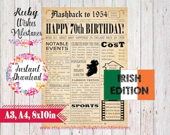 Instant Download 70th Birthday 1954 Irish Newspaper Front Page Printable Poster- Born in Ireland. Last Minute Birthday Gift. Fun facts news