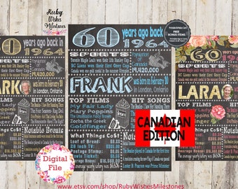 Personalized 60th Birthday 1964 Canadian Chalkboard Printable- Customized. Born in Canada. Fun facts major news events. add photo