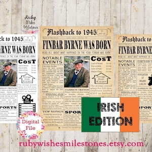 Personalised 80th Birthday 1945 Irish Newspaper Front Page Printable Poster. Born in Ireland. Fun facts major news events. Custom Add photo