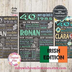 Personalised 40th Birthday 1985 Irish Chalkboard Printable Poster- Irish Edition. Republic of Ireland Facts. Born in 1985. Include photo