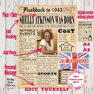 EDITABLE 1943 Birthday British Newspaper Front Page Printable Sign. UK Born in UK. Edit yourself online and print. No software needed