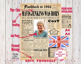 EDITABLE 1944 80th Birthday British Newspaper Front Page Printable Sign. UK Born in UK. Edit yourself online with phone, tablet, computer