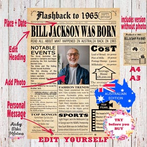 EDITABLE Birthday 1965 Newspaper Major Events Back in the Day Printable- Australian Edit and Print Yourself- Last Minute Gift A3 and A4