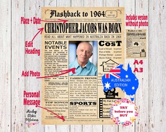 EDITABLE 60th Birthday 1964 Newspaper Major Events Back in the Day Printable- Australian Edit and Print Yourself- Last Minute Gift A3 and A4