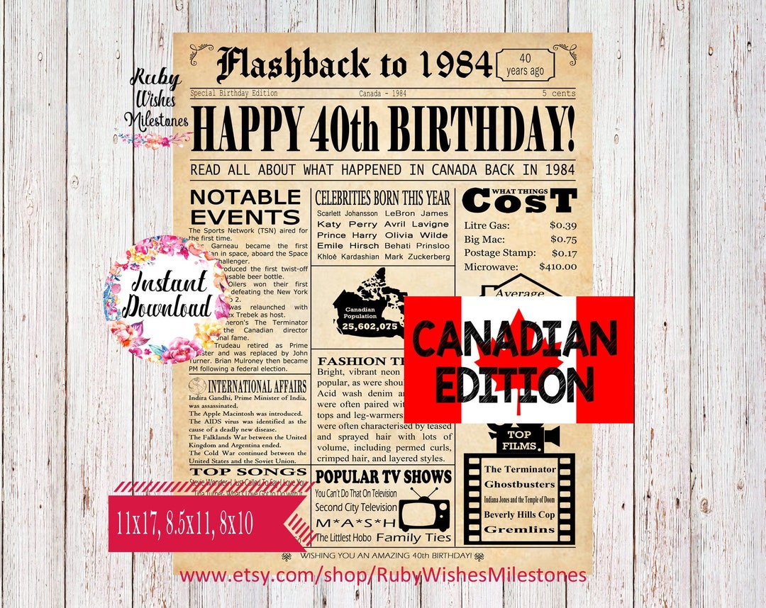 Instant Download 40th Birthday 1984 Canadian Newspaper Front Page ...