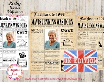 Personalised 80th Birthday 1944 Newspaper Poster Major Events Back in the Day Printable- United Kingdom British facts