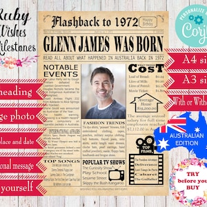 EDITABLE 1972 Birthday Newspaper  A4 and A3 - Australian Last Minute Birthday Gift Edit and Print Yourself