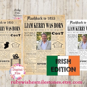 Personalised 70th Birthday 1955 Irish Newspaper Front Page Printable Poster. Born in Ireland. Fun facts major news events. Custom Add photo
