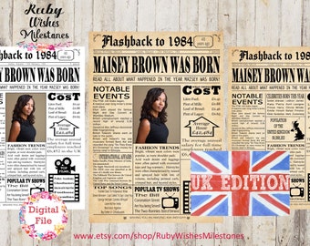Personalised 40th Birthday 1984 British Newspaper Printable Front Page Poster- United Kingdom British facts born in 1984 can include photo