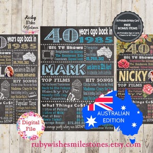 Personalised 40th Birthday 1985 Chalkboard Printable jpg and pdf- Australian born in 1985