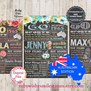 Personalised 60th Birthday 1965 Australian Chalkboard Printable jpg + pdf- Born in Australia. Fun facts major news events. Add a photo