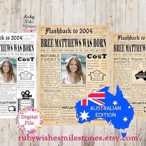 Personalised 21st Birthday 2004 Newspaper Printable Front Page Poster Major News Events Australia- Australian born in 2004 with photo option