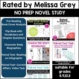 May include: A graphic with the text "Rated by Melissa Grey" and "NO PREP NOVEL STUDY." The image includes book cover analysis activities, flip books, character biographies, paired text tasks, and is suitable for grades 8, 9, 10, and 11.