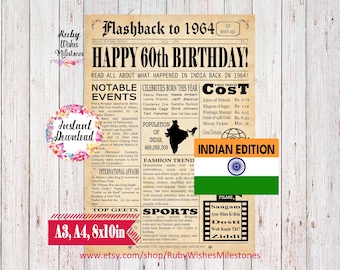 Instant Download 60th Birthday 1964 Indian Newspaper Front Page Printable Poster Born in India Fun Facts Major News Events