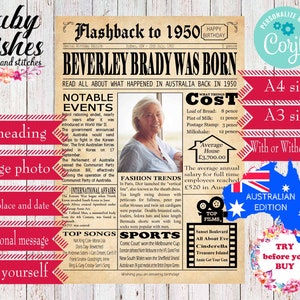 1950 Birthday Newspaper Poster: Australian Edition, Editable (Digital Download)