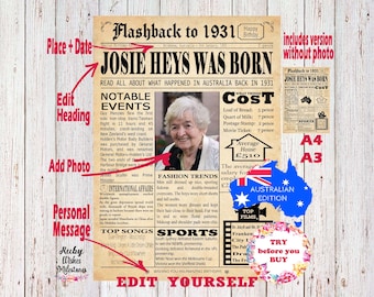 1931 Birthday Australian Newspaper Front Page - Editable Sign (Digital Download)