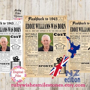 Personalised 80th Birthday 1945 Newspaper Poster Major Events Back in the Day Printable- New Zealand Kiwi Facts