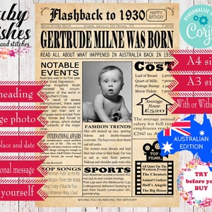EDITABLE 1930 Birthday Newspaper  A4 and A3 - Australian Last Minute Birthday Gift Edit and Print Yourself