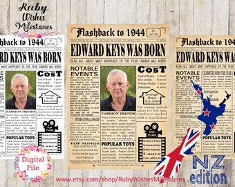 Personalised 80th Birthday 1944 Newspaper Poster Major Events Back in the Day Printable- New Zealand Kiwi Facts