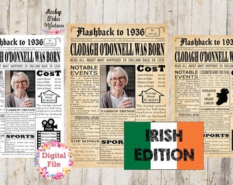 90th Birthday 1936 Irish Newspaper Front Page Printable Digital file