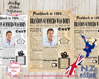 Personalised 40th Birthday 1984 New Zealand Newspaper Printable Front Page Poster- Major Events- Kiwi Facts born in NZ. Can include photo