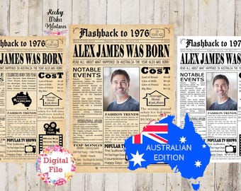 Può includere: Un file digitale con un design in stile giornale del 1976, con il titolo "Flashback to 1976" e il testo "Alex James Was Born". Il design include eventi notevoli, tendenze della moda e programmi TV popolari di quell'anno, con tema australiano.