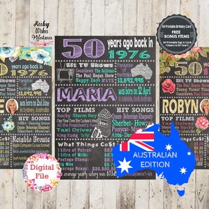 Puede incluir: Un archivo digital con tres letreros estilo pizarra con el texto "50 years ago back in 1976." Cada letrero incluye detalles personalizados, como nombres, eventos notables y costos de ese año. Se incluye un gráfico de la bandera australiana.