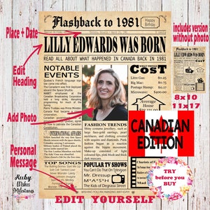 Editable 1981 Birthday Canadian Newspaper Front Page Printable Sign. Born in Canada. Edit yourself online and print DIY. No software needed