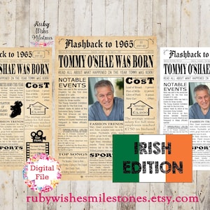 Personalised 60th Birthday 1965 Irish Newspaper Front page Printable Sign. Born in Ireland. Fun facts major events. Option to add photo.