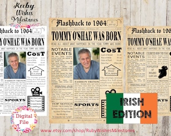 Personalised 60th Birthday 1964 Irish Newspaper Front page Printable Sign. Born in Ireland. Fun facts major events. Option to add photo.