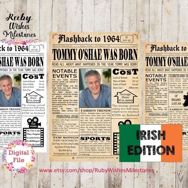 Personalised 60th Birthday 1964 Irish Newspaper Front page Printable Sign. Born in Ireland. Fun facts major events. Option to add photo.