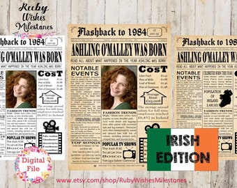 Personalised 40th Birthday 1984 Irish Newspaper Front Page printable Poster- Irish facts the Republic of Ireland born in 1984. Include photo
