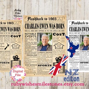 Personalised 60th Birthday 1965 New Zealand Newspaper Front Page Printable Poster. Kiwi born in 1965. Fun facts major news events.