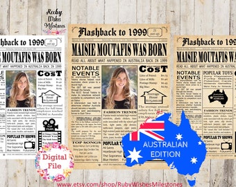 Personalised 25th Birthday 1999 Australian Newspaper Front Page Printable Poster. Major News events fun facts born in Australia customised