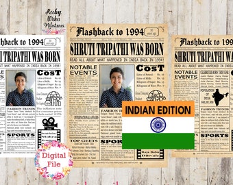 Personalised 30th Birthday 1994 Indian Newspaper Front Page Printable Poster. Born in India. Major news events. Customise Add Photo