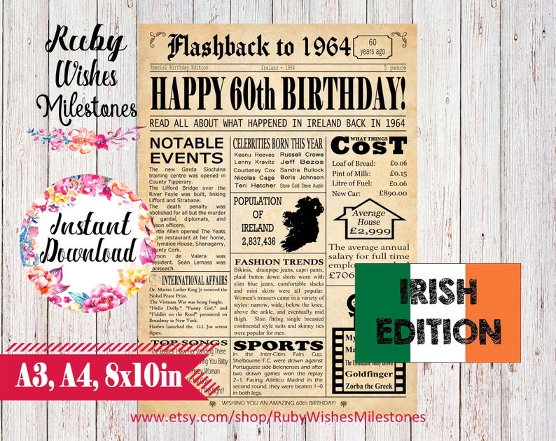Instant Download 60th Birthday 1964 Newspaper Poster Major Events in Ireland Back in the Day Printable- Irish Last Minute Birthday Gift