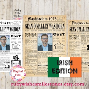 Personalised 50th Birthday 1975 Irish Newspaper Front Page News Printable Poster- Irish facts. Born in the Republic of Ireland. Add photo.